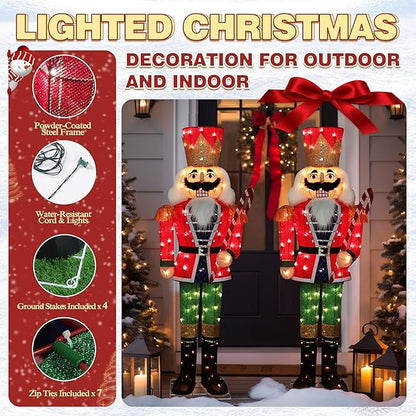 Lit nutcracker soldier holiday decoration with red coat, green pants, and warm white lights