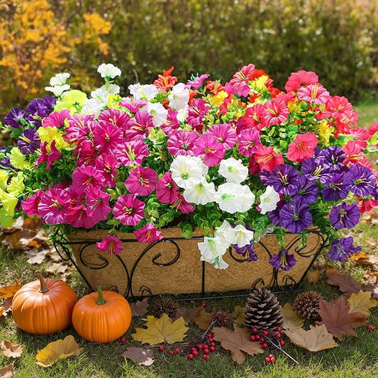 Mixed-color faux morning glory flower bundles in decorative metal planter