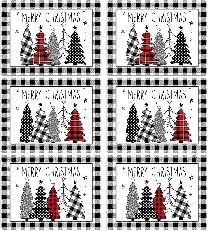 Christmas tree placemats set of 6, black and white buffalo plaid with red accents