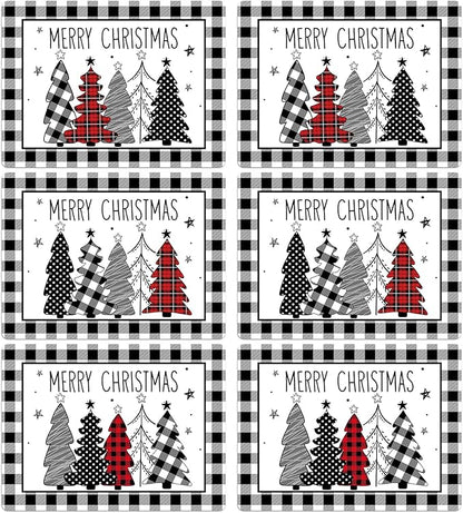Christmas tree placemats set of 6, black and white buffalo plaid with red accents