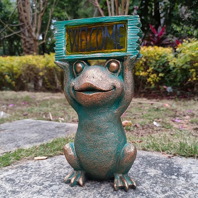 Solar Frog Garden Statue with Welcome Sign - 11.5-Inch Resin Outdoor Decor