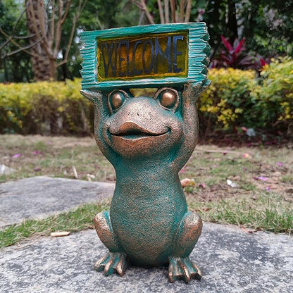 Solar Frog Garden Statue with Welcome Sign - 11.5-Inch Resin Outdoor Decor