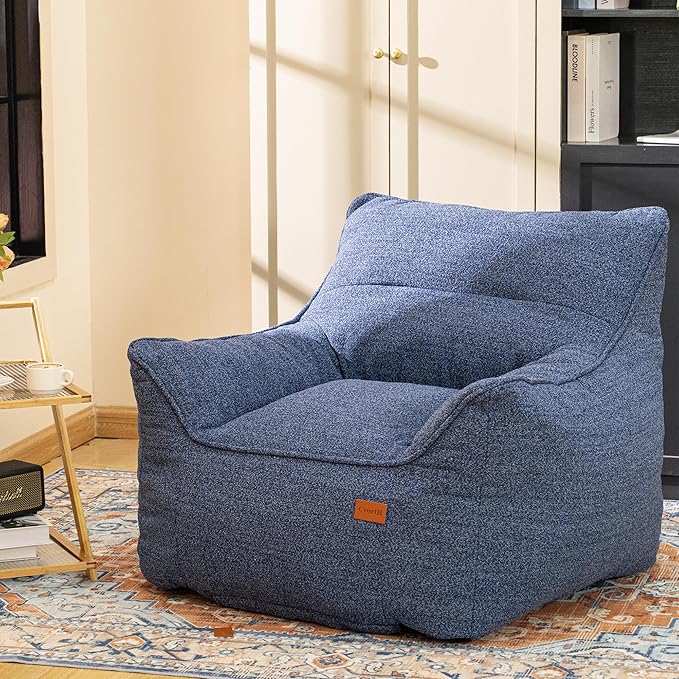 Denim Blue Chenille Memory Foam Bean Bag Armchair - Deep Recline Lounge Chair with Armrests for Reading Nook, Nursery, and Modern Home