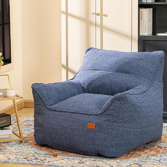 Denim Blue Chenille Memory Foam Bean Bag Armchair - Deep Recline Lounge Chair with Armrests for Reading Nook, Nursery, and Modern Home