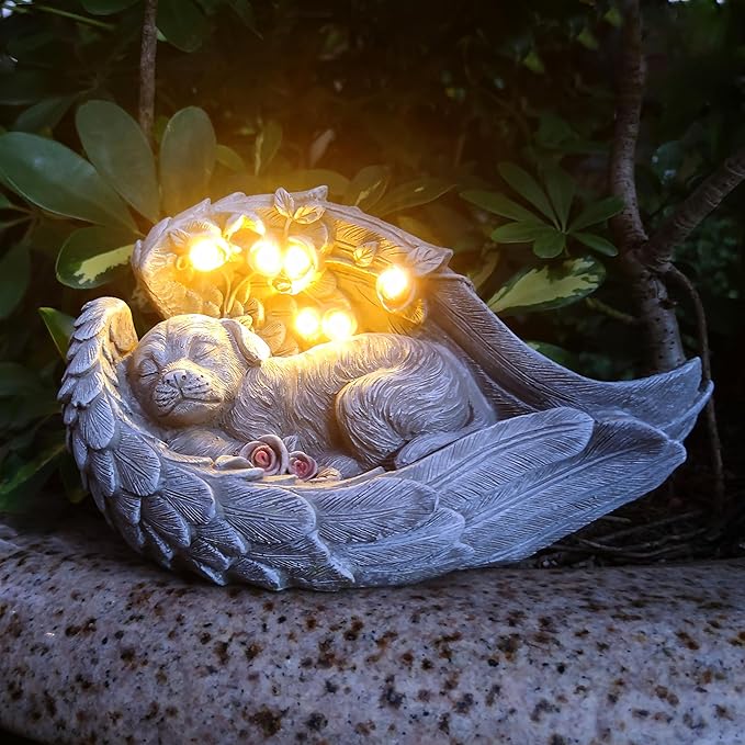 Solar Angel Dog Memorial Statue - Sleeping Dog with Angel Wings Resin Garden Decor