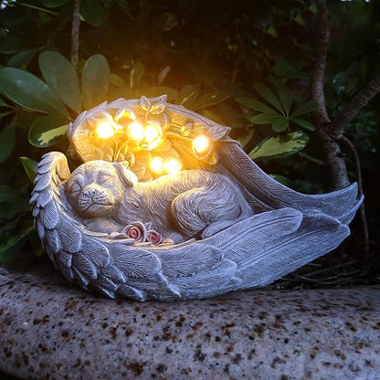Solar Angel Dog Memorial Statue - Sleeping Dog with Angel Wings Resin Garden Decor