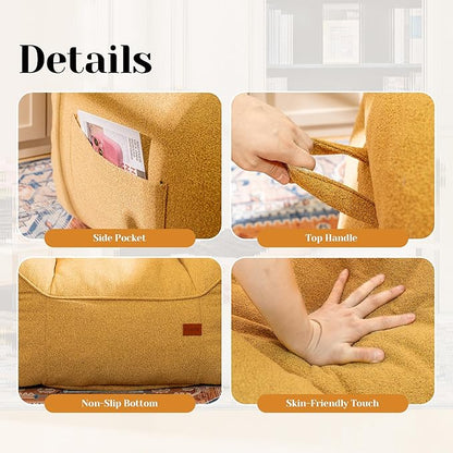 Mustard Chenille Cushioned Bean Bag Armchair - Structured Memory Foam Lounge Chair for Maximalist Interiors, Reading Nook, and Warm Eclectic Spaces