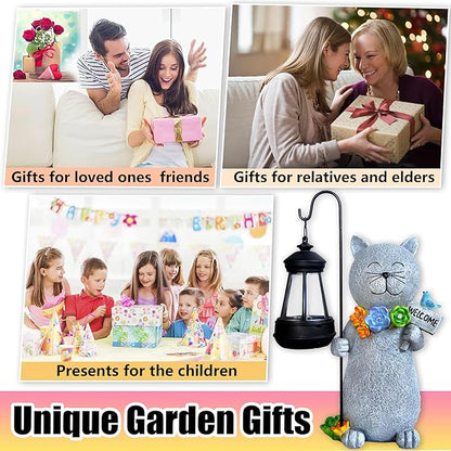 Solar Cat Garden Statue with Lantern and Flowers - 12-Inch UV-Resistant Resin Outdoor Decor