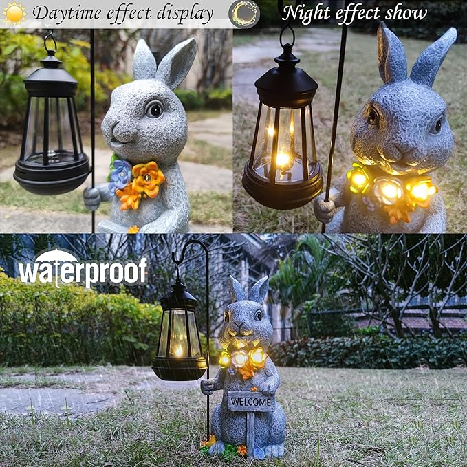Solar Rabbit Garden Statue with Lantern and Flowers - 12-Inch UV-Resistant Resin Outdoor Decor