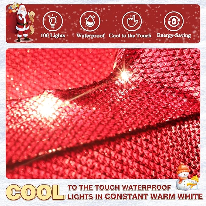 Close-up of red glitter fabric with warm white light glow