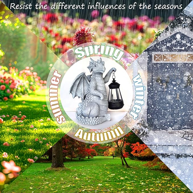 Blue dragon garden statue with glowing lantern in seasonal outdoor graphic