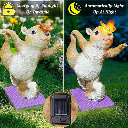 Solar Yoga Squirrel Garden Statue with Lighted Butterfly - IP44 Resin Outdoor Decor