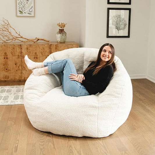 Ivory White Boucle Cloudberry Cocoon Bean Bag Chair - Giant Structured Round Lounge Chair for Nursery, Reading Corner, and Any Interior Ready for One Extraordinary Seat