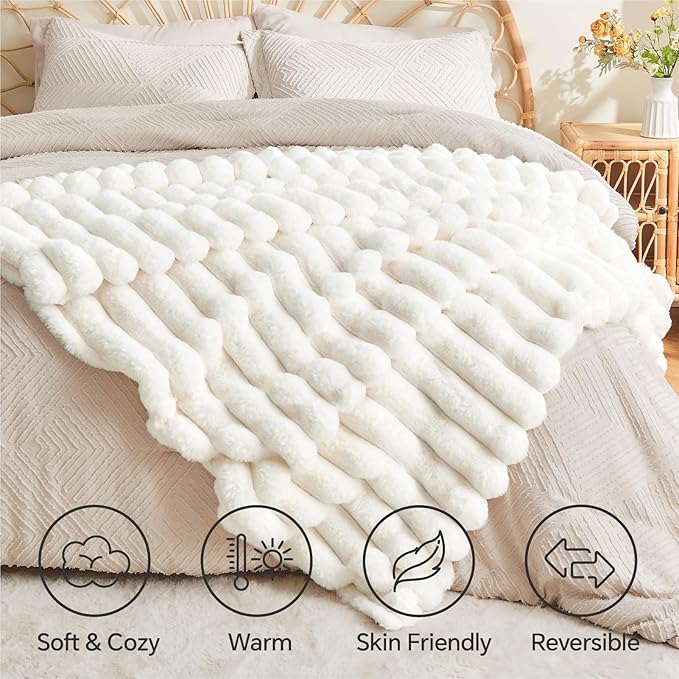 Cream Faux Rabbit Fur Throw Blanket – 50"x60" | 770GSM Double-Sided Luxury Fluffy Blanket | 3D Striped Plush Personal Couch Throw