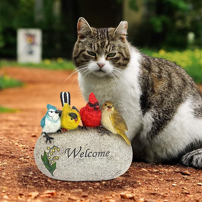 Birdy Welcome Garden Stone Statue with 4 Birds - Indoor and Outdoor Entryway Decor