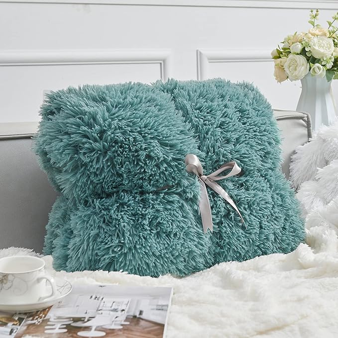 Light Teal Shaggy Faux Fur Queen Blanket – 90"x90" | 1.5" Deep Plush Pile | Serene Spa-Inspired Throw for Queen Beds & Calm Interiors