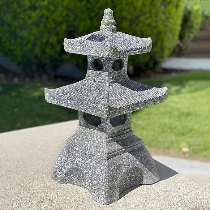 2-Tier Pagoda Solar Garden Statue with LED Light - 26-Inch Zen Outdoor Decor