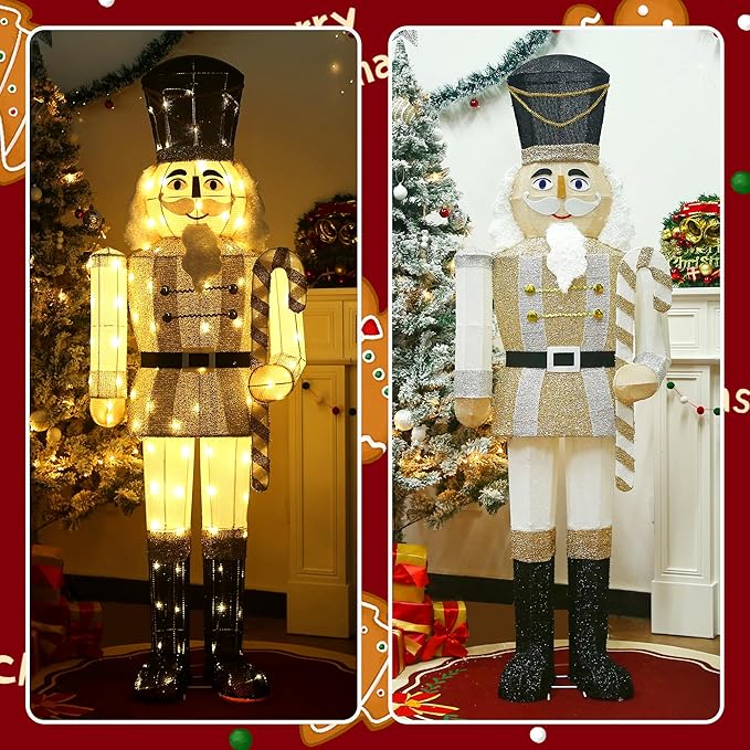 Two lit nutcracker decoration views showing gold coat, white beard, black hat and boots