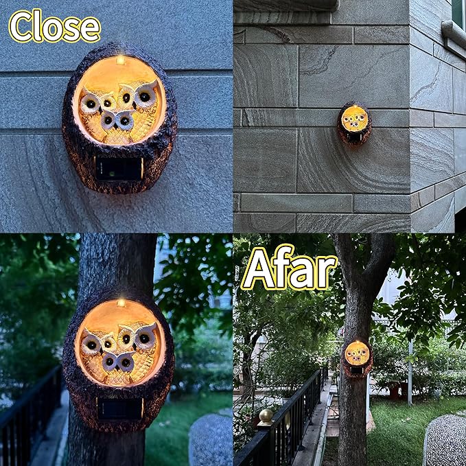 Solar Owl Family Garden Statue - Hanging Tree Hollow Resin Sculpture with Dual LED Amber Glow