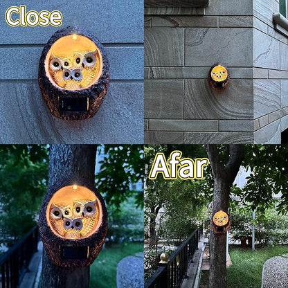Solar Owl Family Garden Statue - Hanging Tree Hollow Resin Sculpture with Dual LED Amber Glow