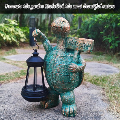 Solar Turtle Garden Statue with Welcome Sign and Lantern - 10-Inch Resin Decor