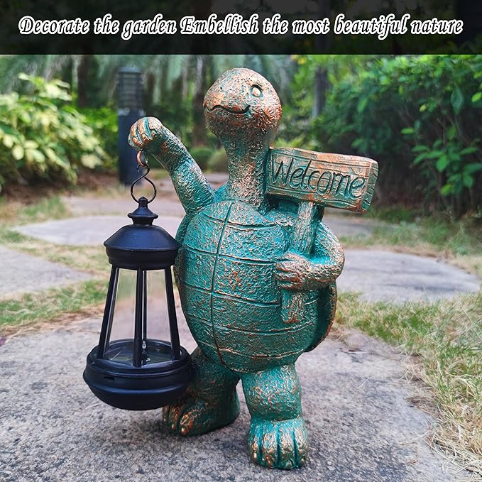 Solar Turtle Figurine with Lantern - Hand-Painted UV-Resistant Resin Garden and Patio Decor