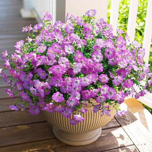 Purple faux morning glory flower bundles with green leaves, dense clustered blooms