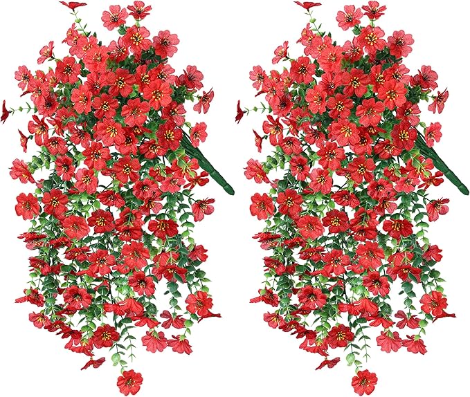 Pair of red faux hanging flower bundles with cascading red blooms and green foliage