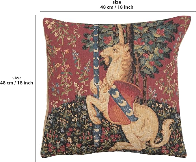 Square unicorn tapestry pillow cover, burgundy floral fabric with unicorn and tree motif