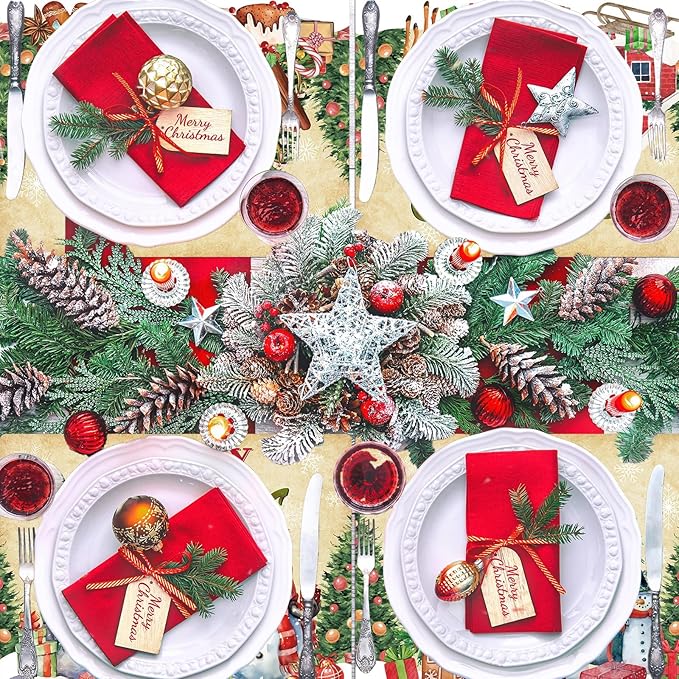 Set of round Christmas placemats with white border, ornaments and red gift napkin rings