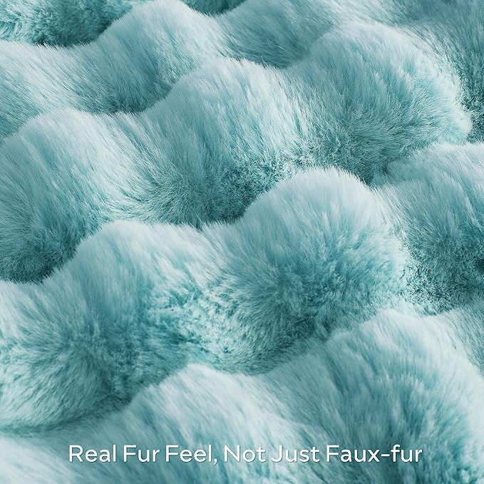 Blue Faux Fur Queen Blanket – 90"x90" | 750GSM Wavy Bubble Texture | Bold Sophisticated Plush Throw for Bed, Sofa & Chaise Lounge