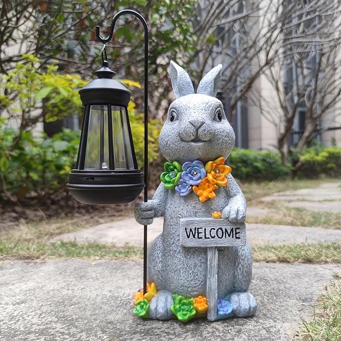 Solar Rabbit Garden Statue with Lantern and Flowers - 12-Inch UV-Resistant Resin Outdoor Decor