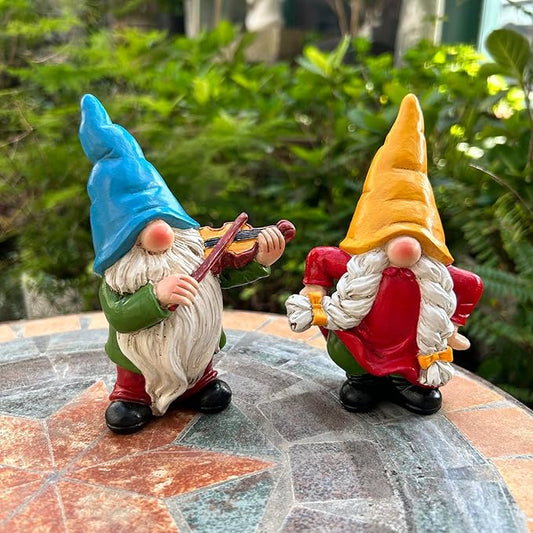 Garden gnome figurine set of 2 with blue and yellow hats, one plays violin