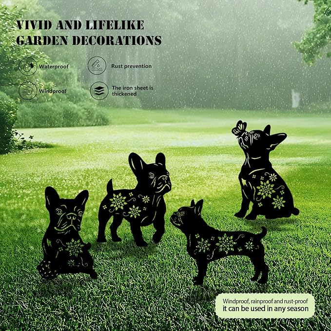 Set of four black metal dog silhouette garden stakes with flower cutout patterns