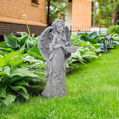Large Angel Garden Statue with Birds - 23.5-Inch Natural Stone Detail Resin Outdoor and Indoor Sculpture
