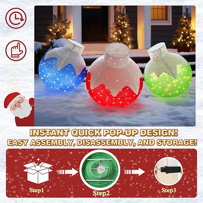 Three lit pop-up glitter ball ornaments, blue, red and green, with clear bases