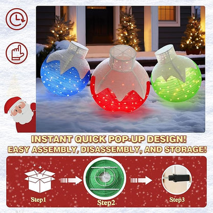 Three lit pop-up glitter ball ornaments, blue, red and green, with clear bases