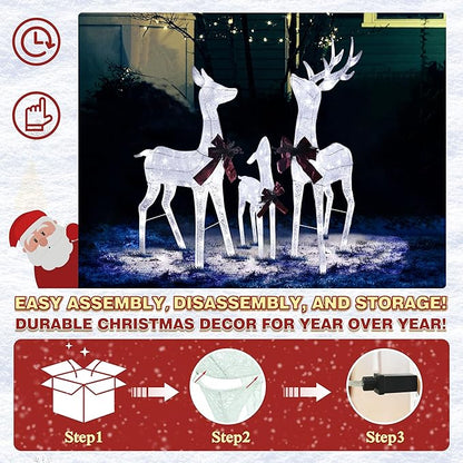 Glittered white pre-lit reindeer family decoration with red bows and steady LED glow