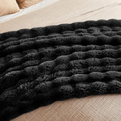 Black Faux Fur Queen Blanket – 90"x90" | 750GSM Wavy Bubble Texture | Elegant Thick Plush Throw for Bed & Couch
