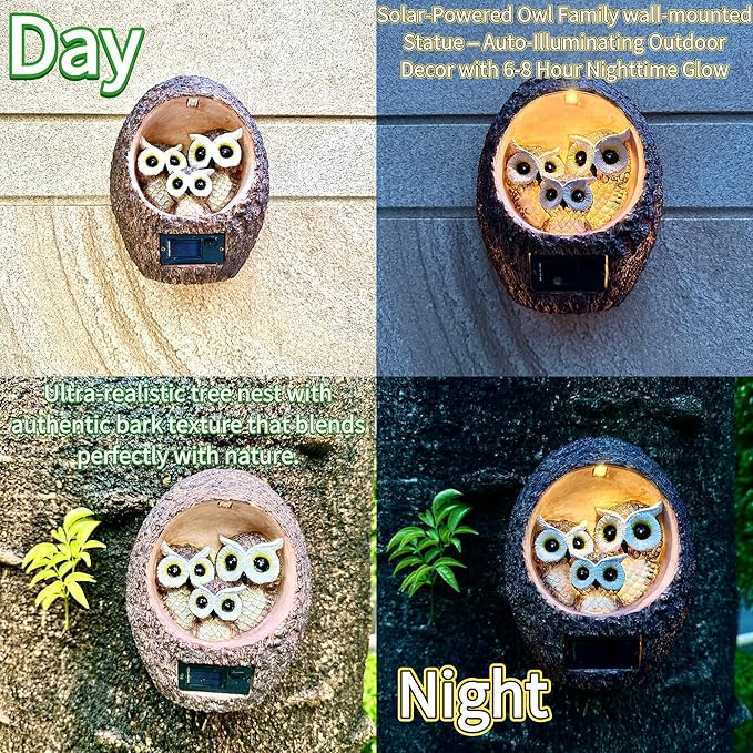 Solar Owl Family Garden Statue - Hanging Tree Hollow Resin Sculpture with Dual LED Amber Glow