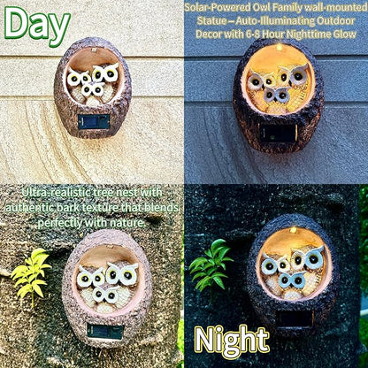 Solar Owl Family Garden Statue - Hanging Tree Hollow Resin Sculpture with Dual LED Amber Glow