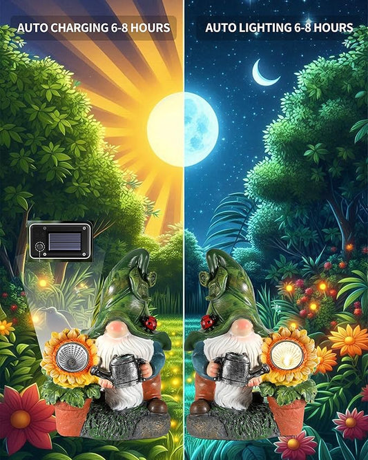 Solar garden gnome at day and night, sunflower LED light and watering can