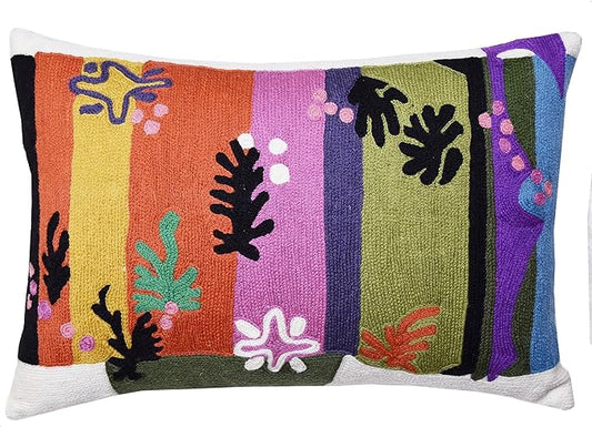 Lumbar decorative pillow cover with multicolor vertical stripe embroidery and floral motifs