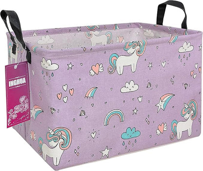 Purple fabric storage basket with unicorn print, rectangular bin and carrying handles.