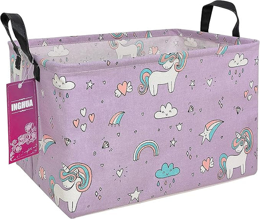 Purple fabric storage basket with unicorn print, rectangular bin and carrying handles.
