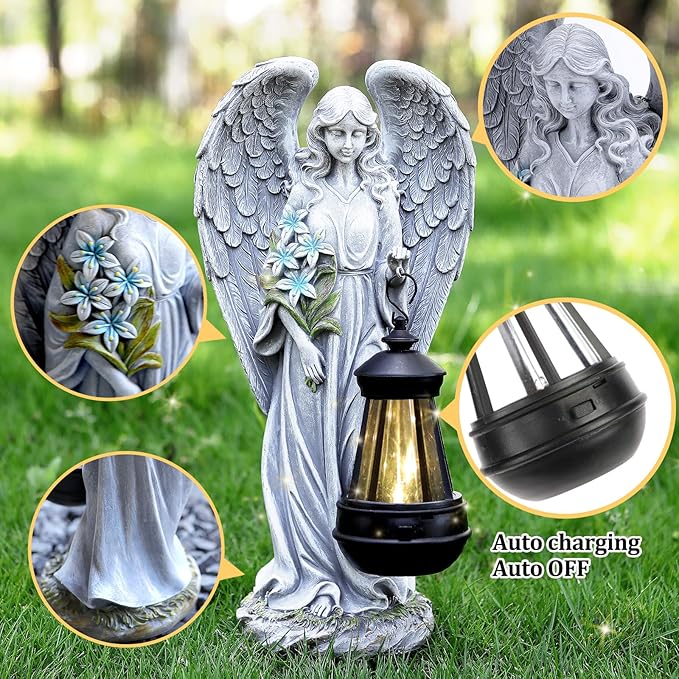 Gray angel garden statue with lantern, close-up face and wing details, blue flower accents.