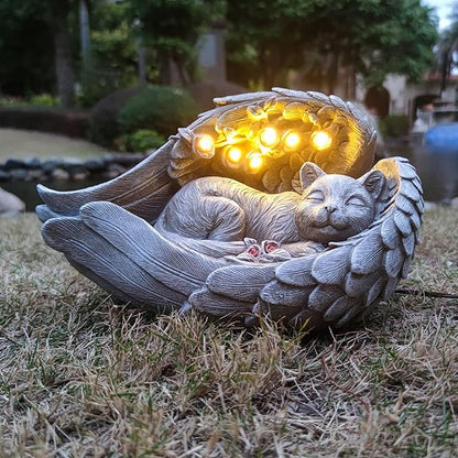 Solar Angel Cat Memorial Statue with LED Light - Resin Pet Remembrance Decor