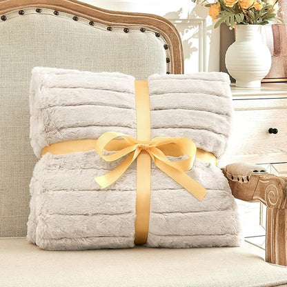 Beige Faux Rabbit Fur Throw Blanket – 60"x80" | 450GSM Wide Ribbed Shearling | Minimalist Luxury Plush Throw for Couch & Bed