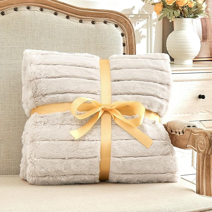 Beige Faux Rabbit Fur Throw Blanket – 50"x60" | 450GSM Wide Ribbed Shearling | Minimalist Luxury Plush Personal Couch Throw
