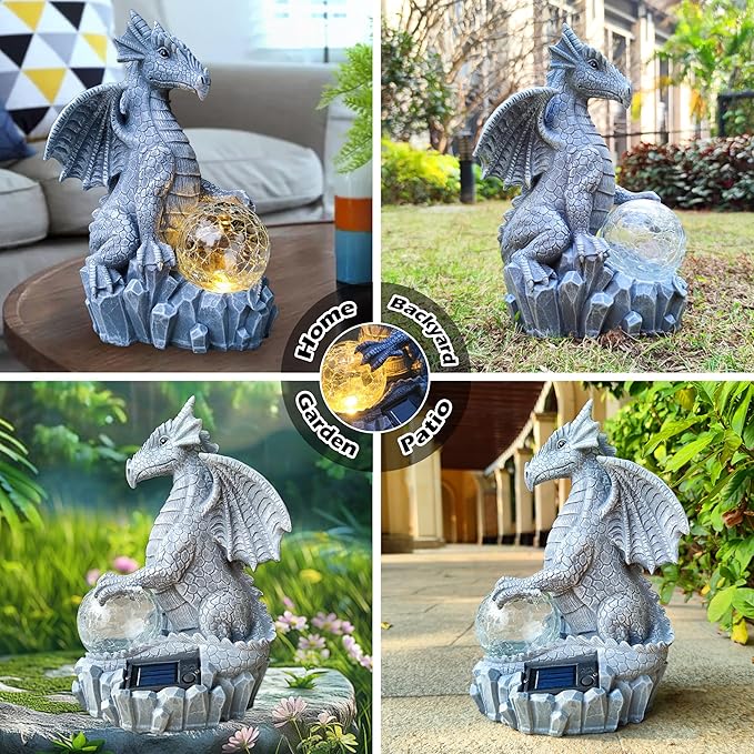Blue dragon solar statue with glowing orb and solar panel base for patio and garden
